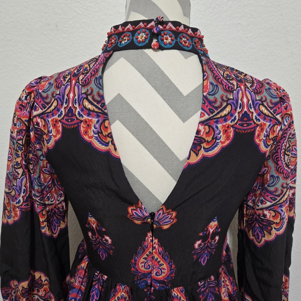 Anthropologie Boho Paisley Print Mock Neck Long Sleeve Mini Dress Size 0P - Picture 9 of 16